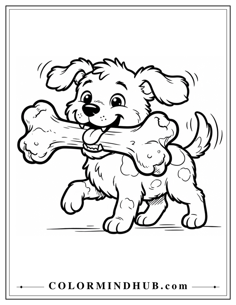 Funny dog carrying a big bone coloring page
