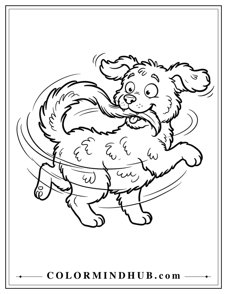 Funny dog chasing its own tail coloring page