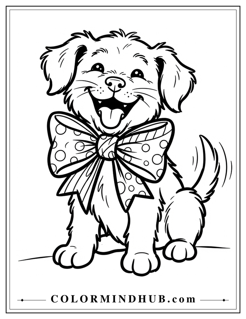 Funny dog wearing a large bow tie coloring page