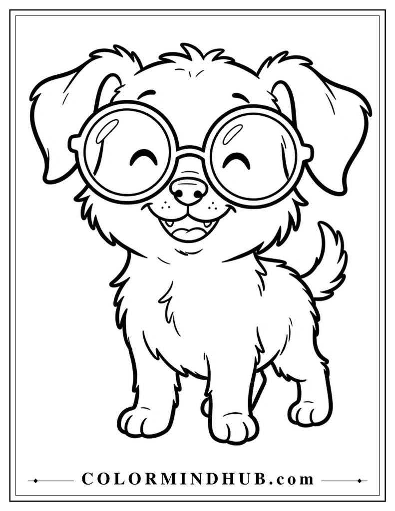 Funny dog wearing oversized glasses coloring page