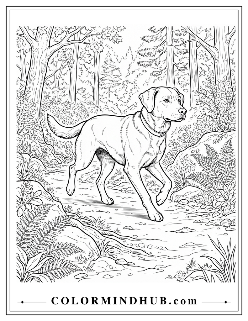 Realistic dog standing in a forest surrounded by trees coloring page