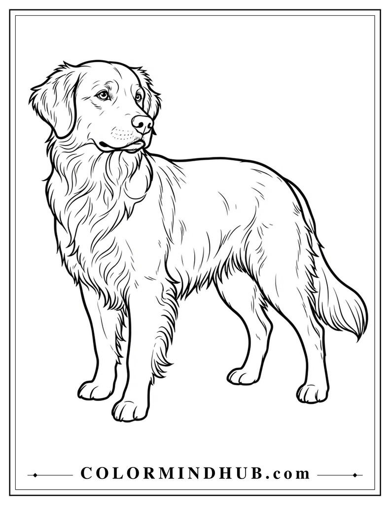 Realistic full body standing dog coloring page with natural proportions