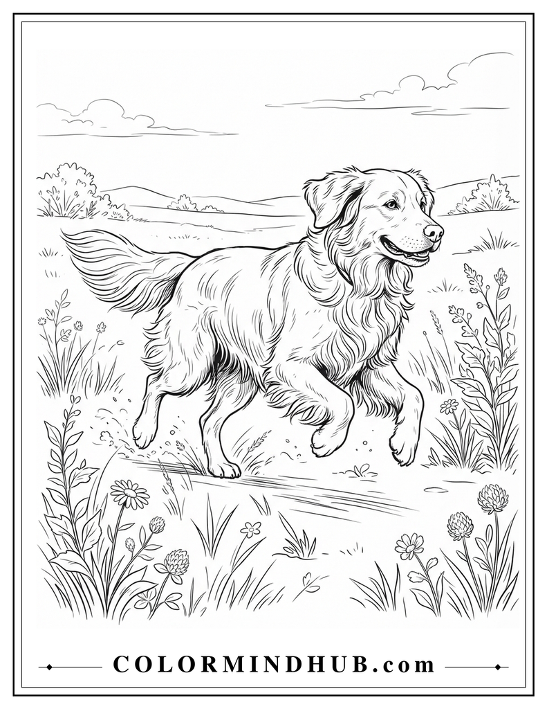 Realistic dog running across a grassy outdoor landscape coloring page