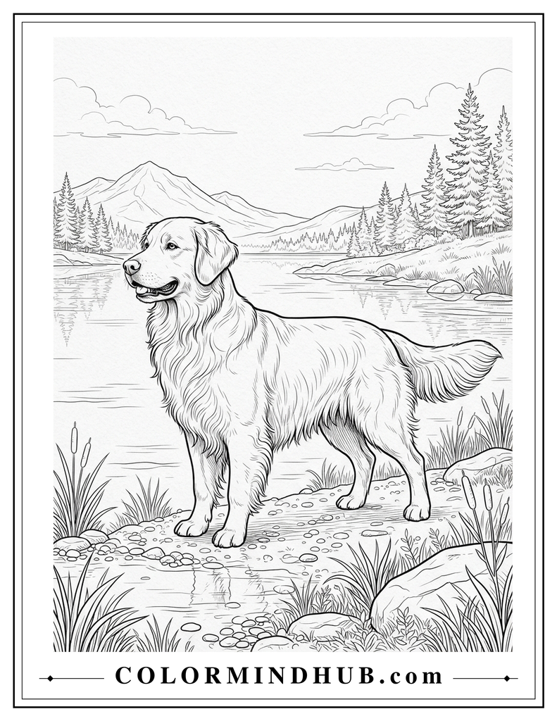 Realistic Labrador standing in a natural landscape coloring page