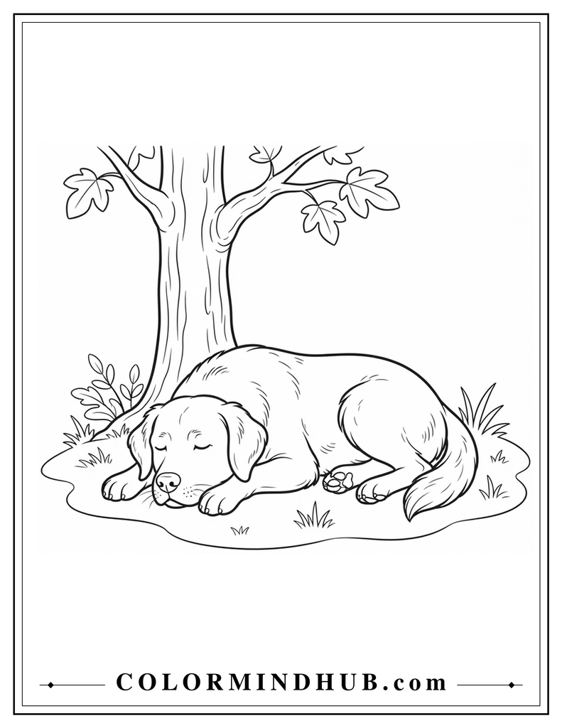 Realistic dog resting under a large tree coloring page