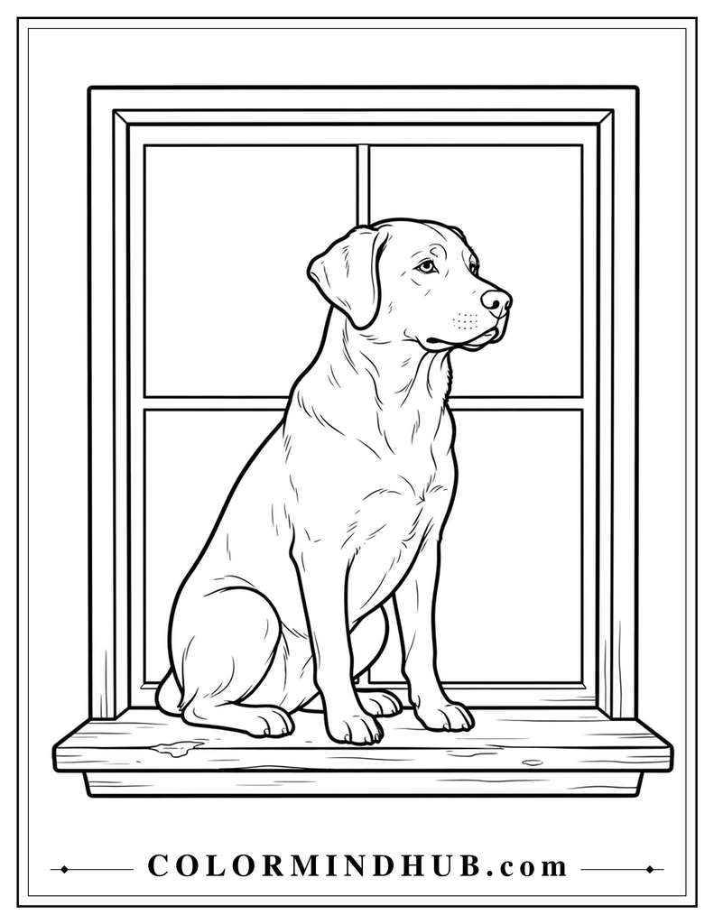 Realistic dog sitting by a window coloring page