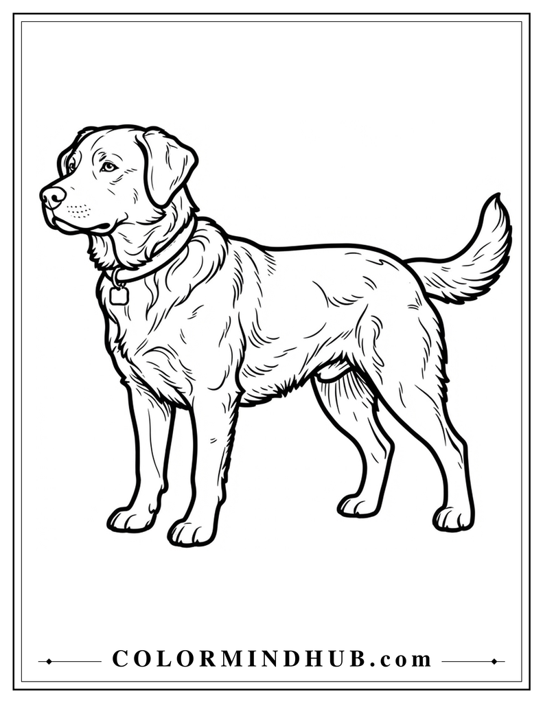 Realistic standing dog coloring page with detailed fur and collar