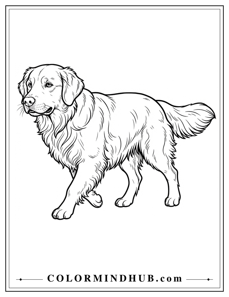 Realistic standing Golden Retriever coloring page