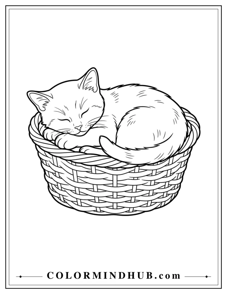 Realistic cat sleeping peacefully in a woven basket coloring page