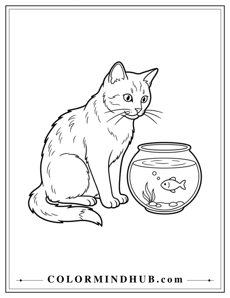 Realistic cat sitting beside a fish bowl coloring page