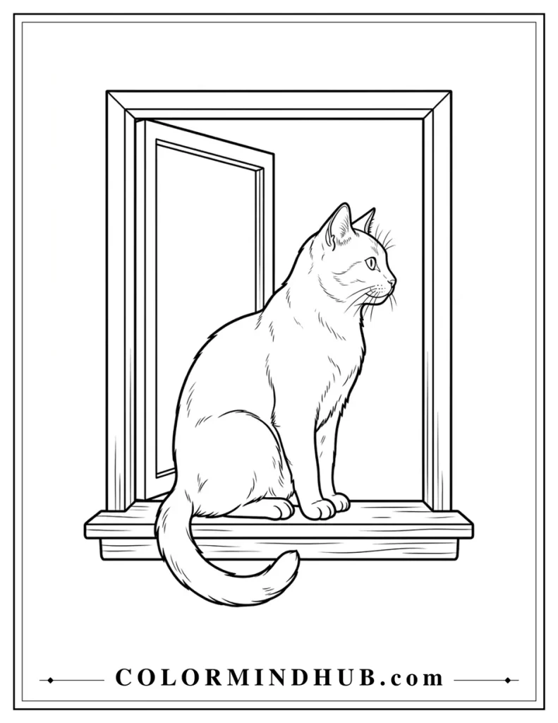 Realistic cat sitting at an open window coloring page