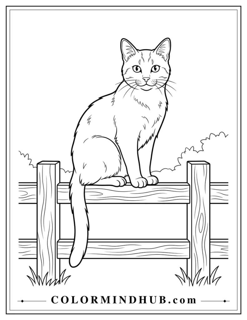 Realistic cat sitting on a wooden fence coloring page