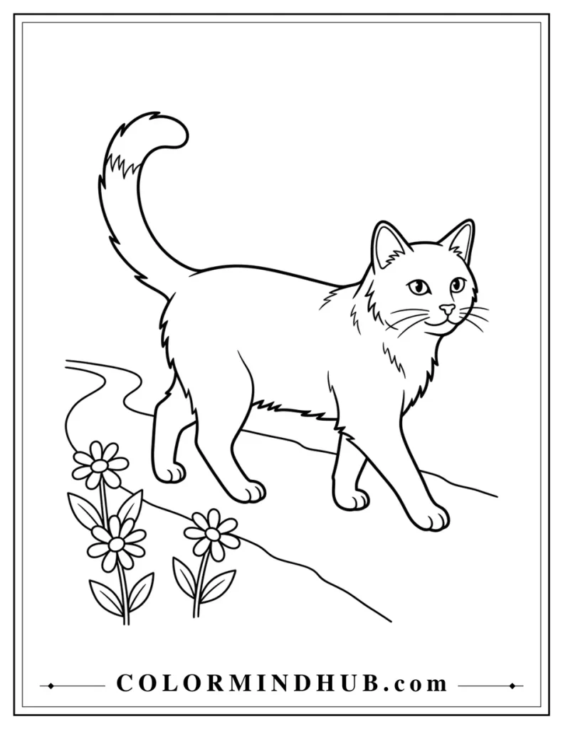 Realistic cat walking through a flower garden coloring page