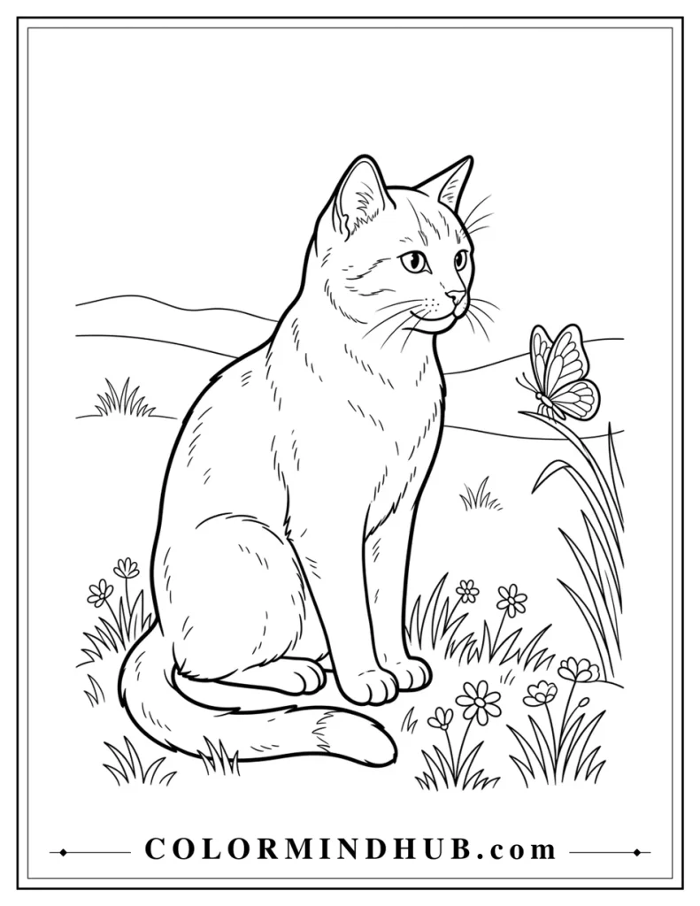 Realistic cat watching a butterfly coloring page