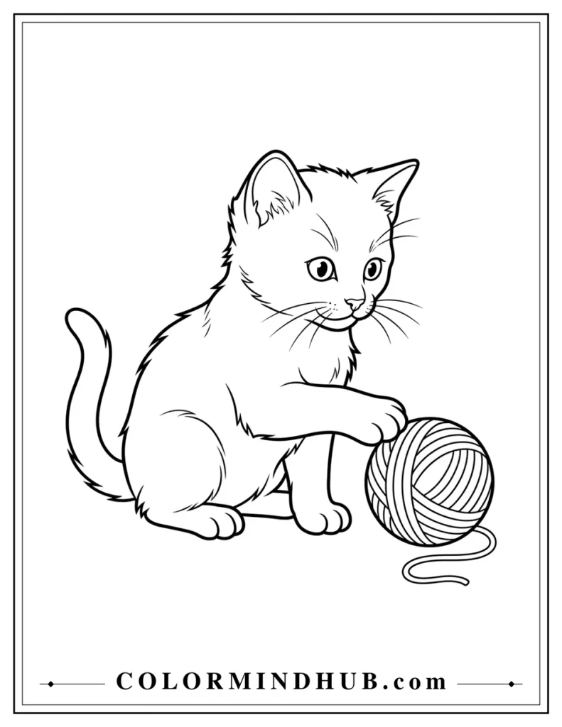 Realistic cat playing with a yarn ball coloring page