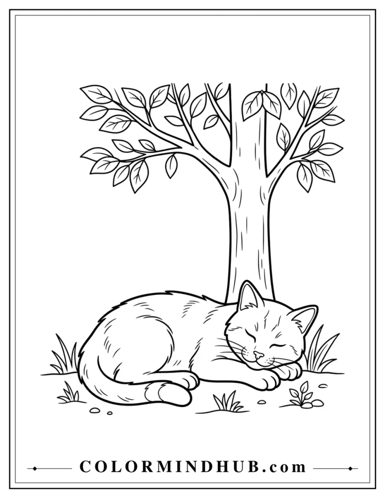 Sleeping Cat Under a Tree Coloring Page