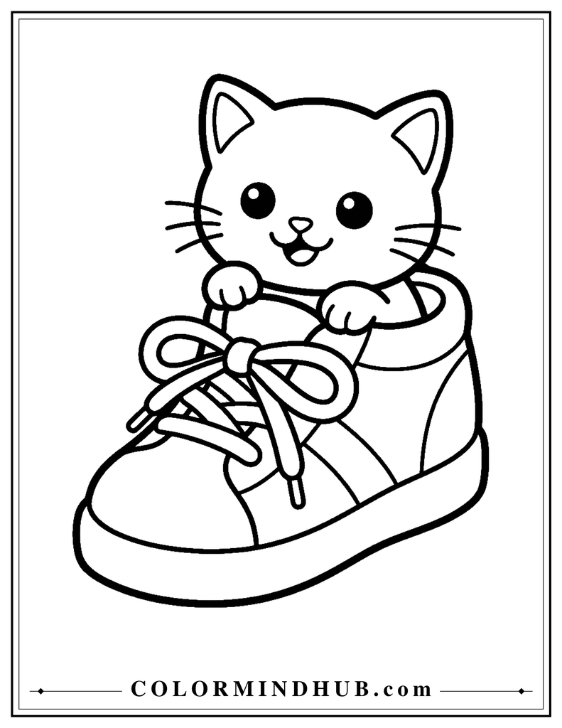 Kitten sitting inside a shoe coloring page
