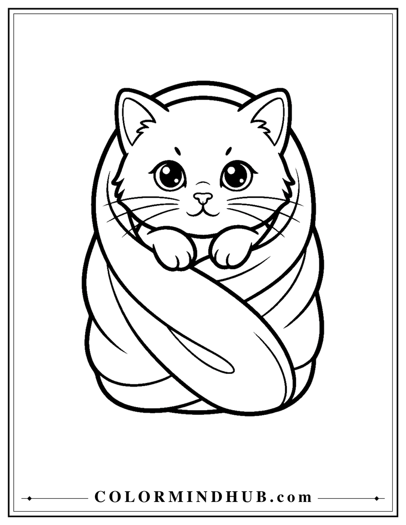 Kitten wrapped in a cozy blanket coloring page