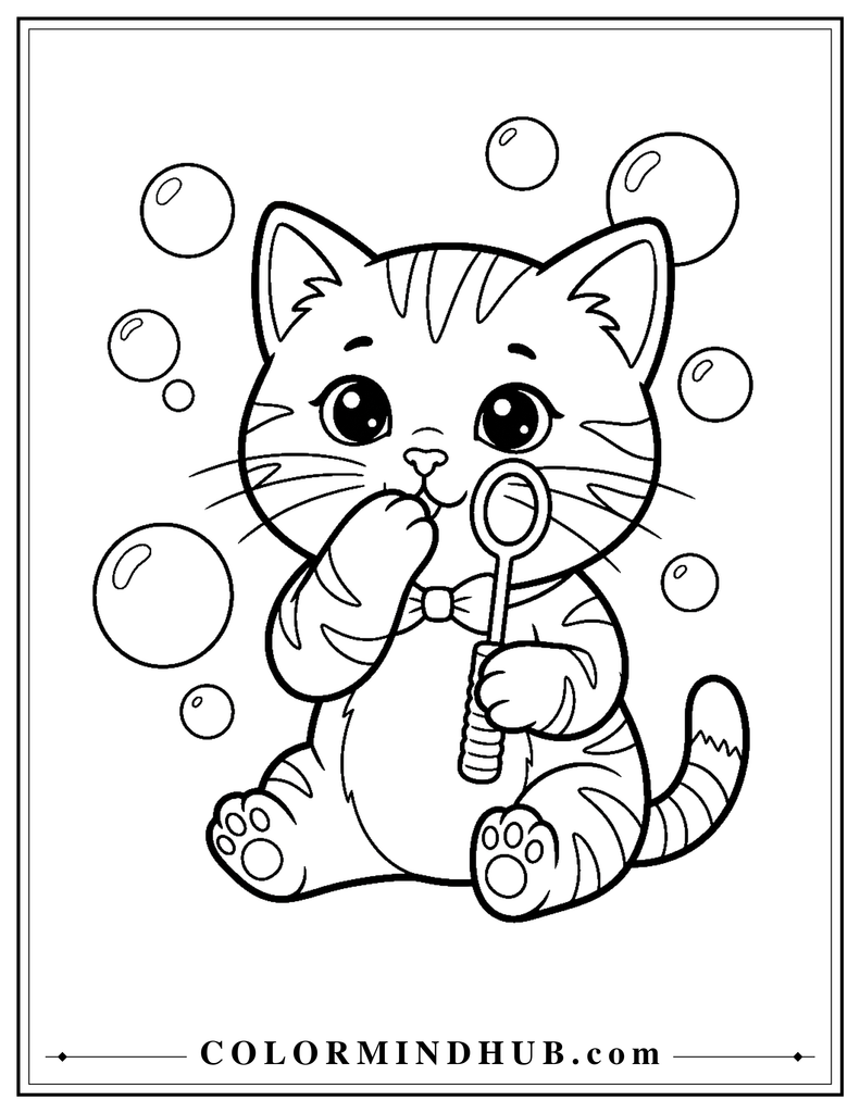 Kitten playing with bubbles coloring page