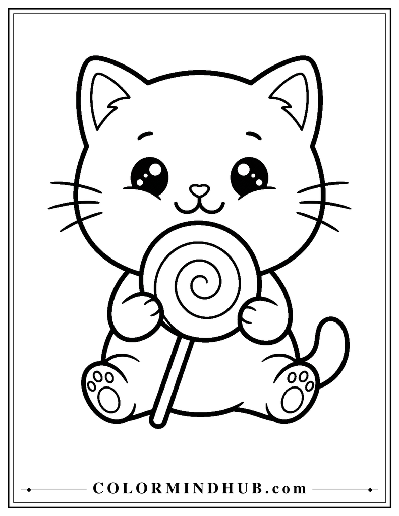 Kitten holding a lollipop coloring page