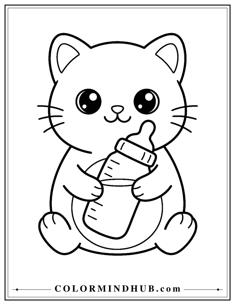 Kitten drinking from a milk bottle coloring page