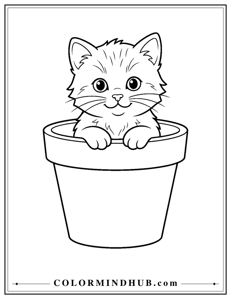 Kitten sitting inside a flower pot coloring page