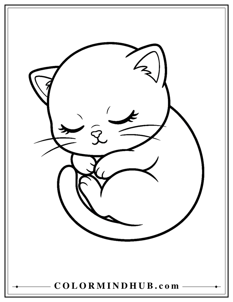 Curled up sleeping kitten coloring page