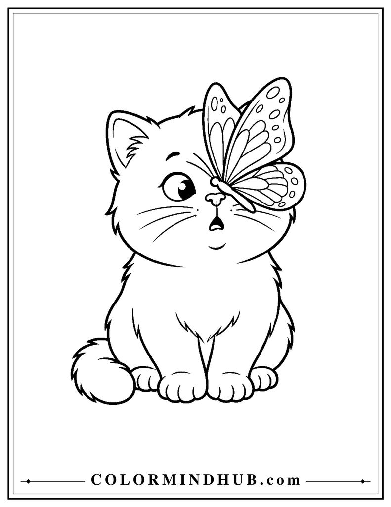 Kitten looking at a butterfly coloring page