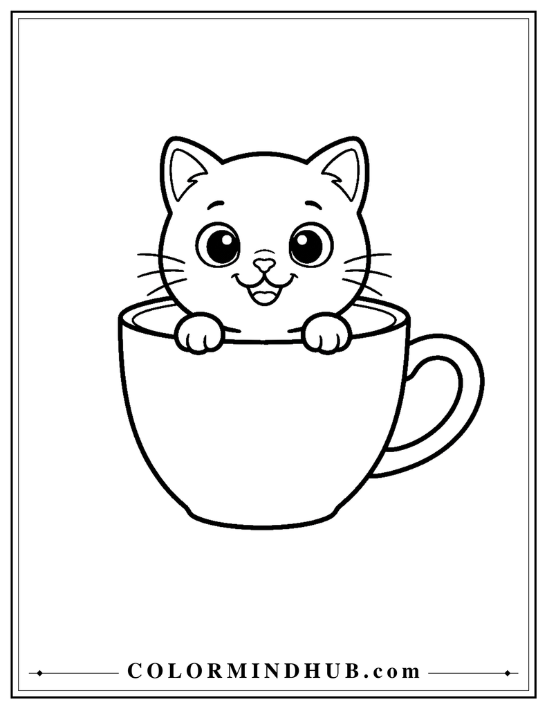 Kitten sitting inside a tea cup coloring page