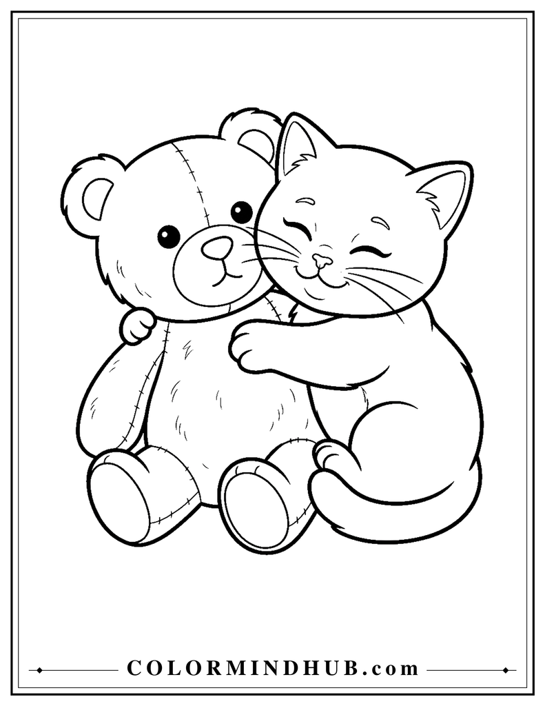 Kitten hugging a teddy bear coloring page