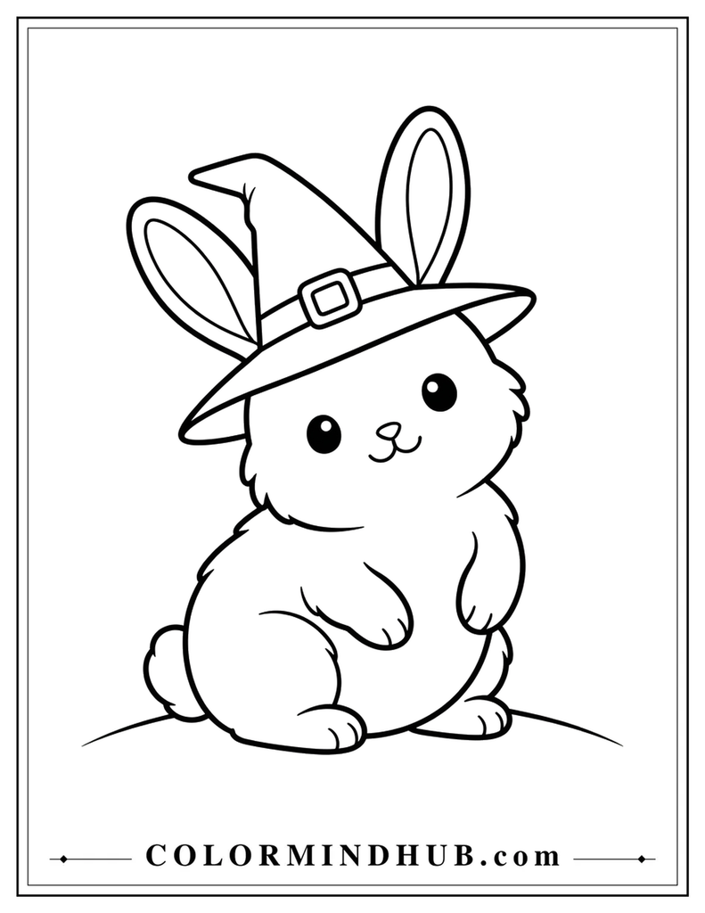 playful Rabbit wearing a witch hat- Halloween coloring page