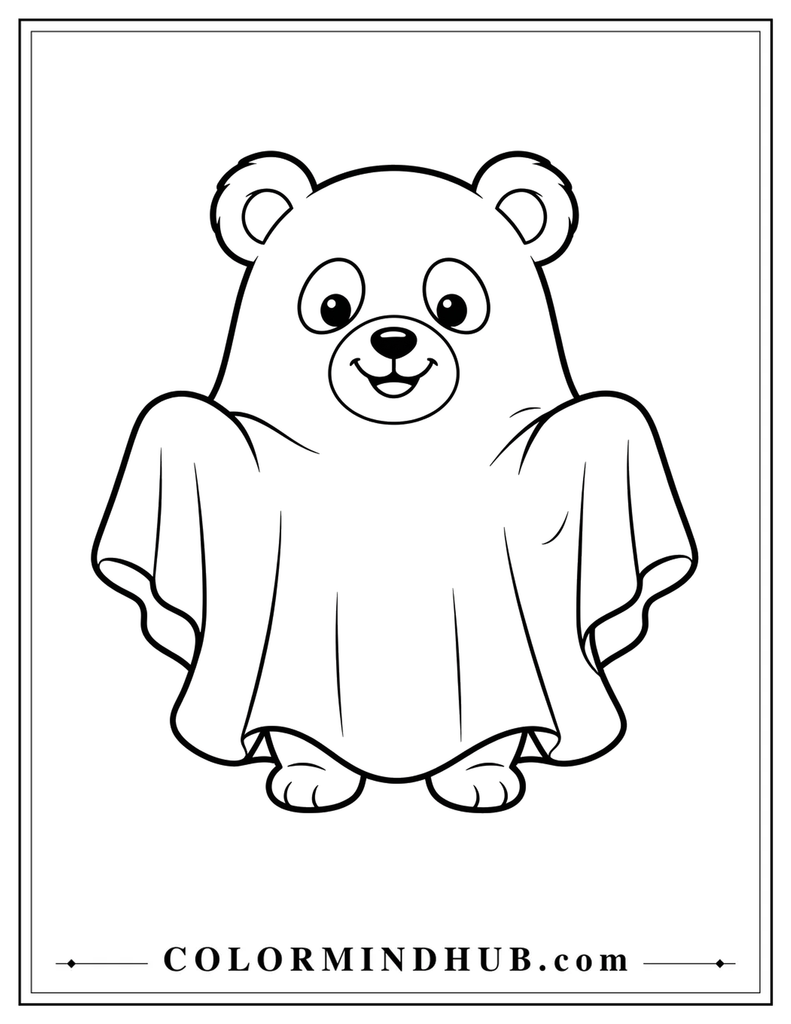 Halloween coloring page featuring a friendly bear wearing a ghost sheet costume