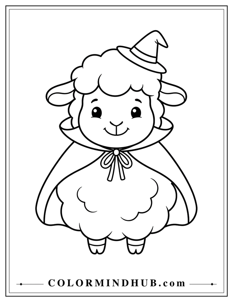 sheep wearing a witch hat and cape - Halloween coloring page 