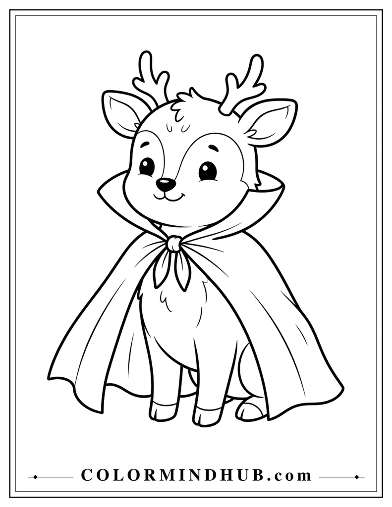 Halloween coloring page featuring a young deer wearing a Halloween cape