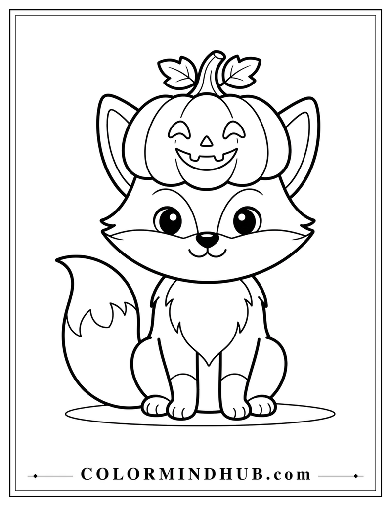 Fox with pumpkin hat coloring page for kids - Halloween coloring page
