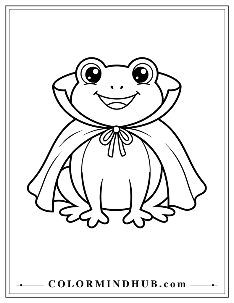 Halloween coloring page featuring a funny frog wearing a vampire cape