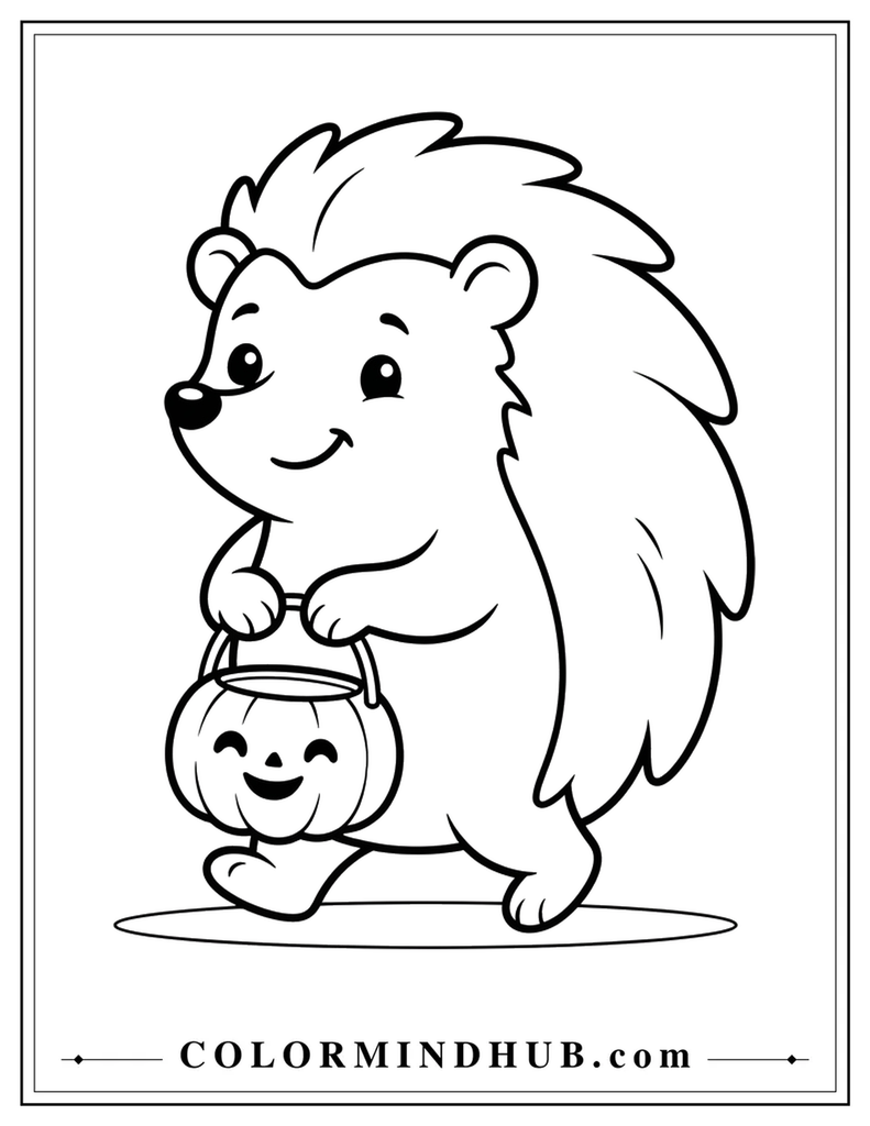 small hedgehog holding a Halloween treat bucket - Halloween coloring page 