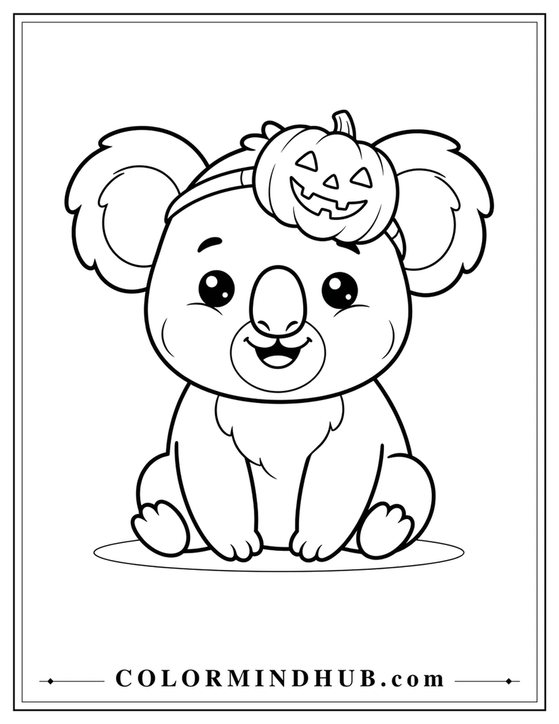 Halloween coloring page featuring a koala holding a pumpkin