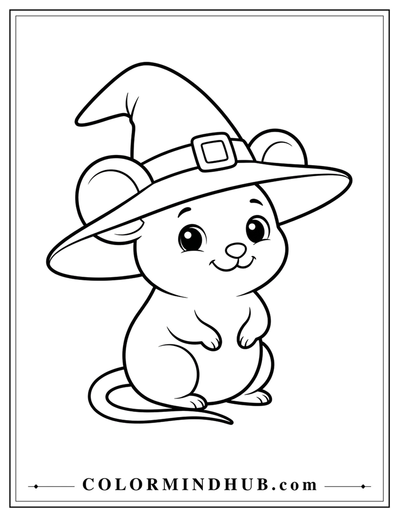 small mouse wearing a witch hat - Halloween coloring page