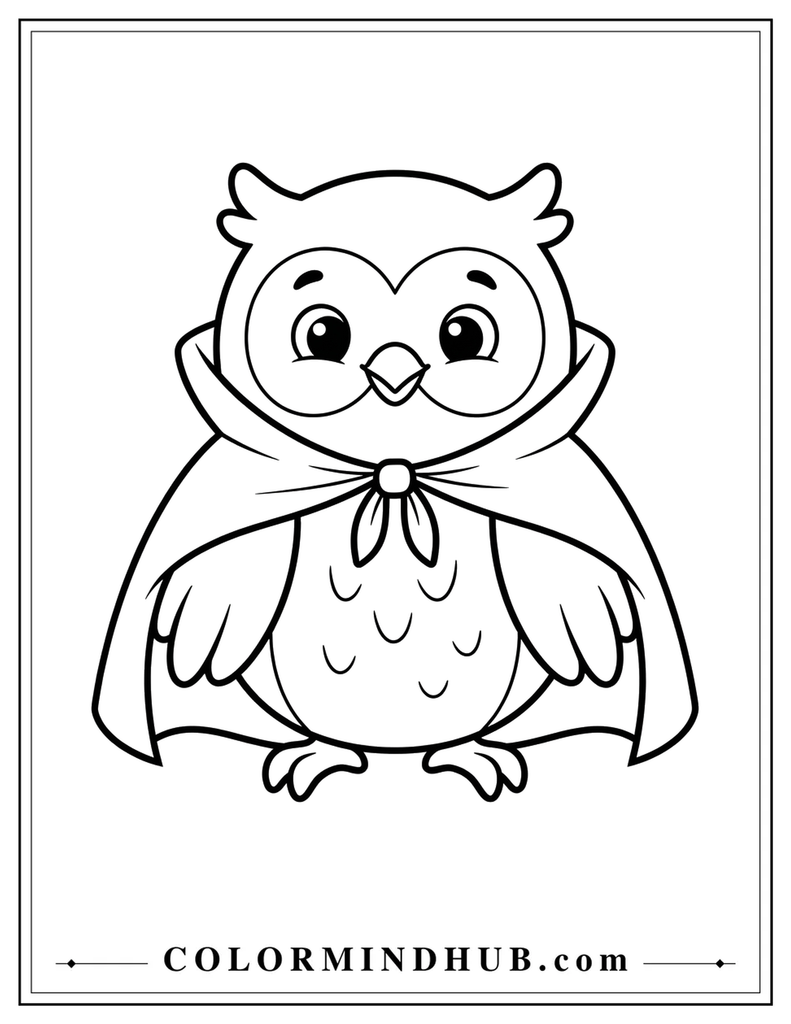 Halloween coloring page featuring an owl wearing a wizard hat and cape