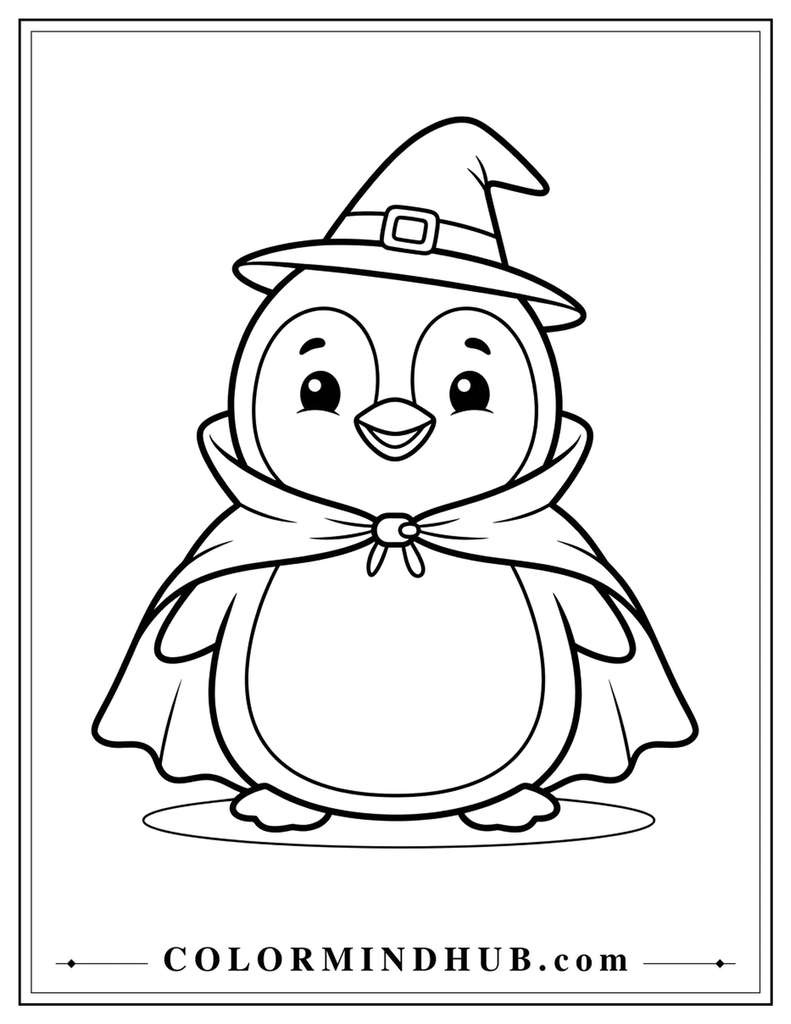 Halloween coloring page featuring a penguin dressed in a Halloween wizard costume