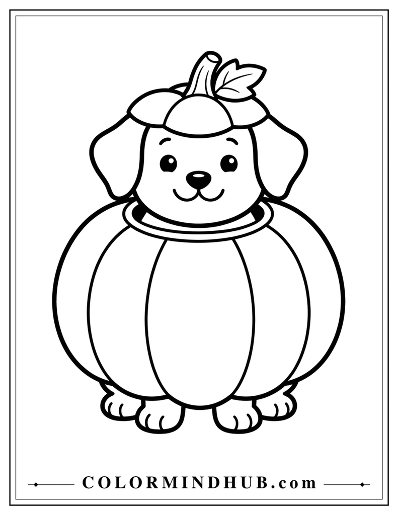 happy puppy sitting inside a giant pumpkin - Halloween coloring page 