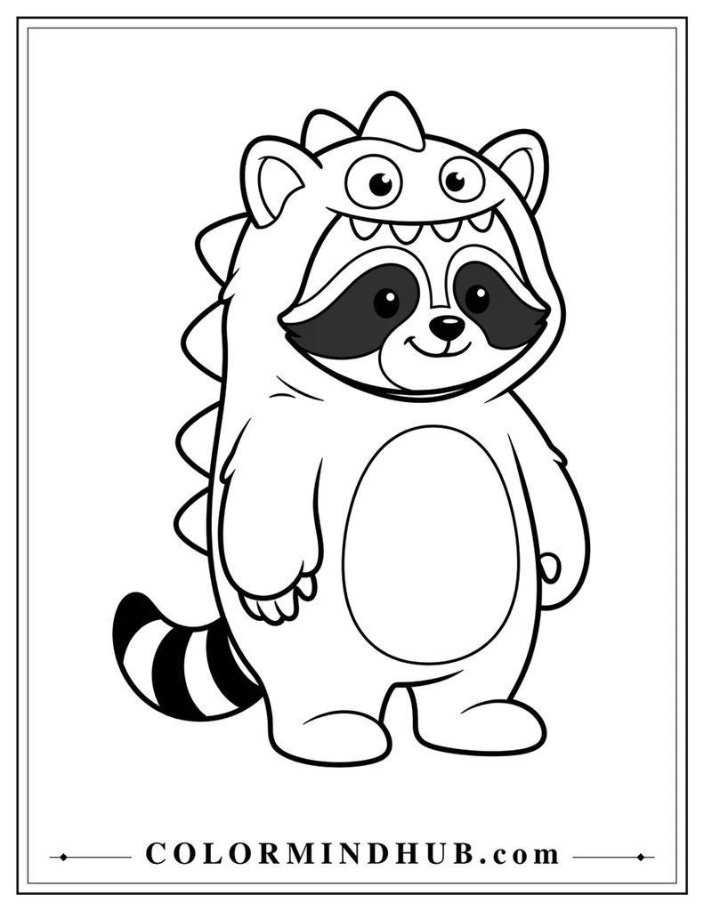 Halloween coloring page featuring a playful raccoon wearing a monster costume hood