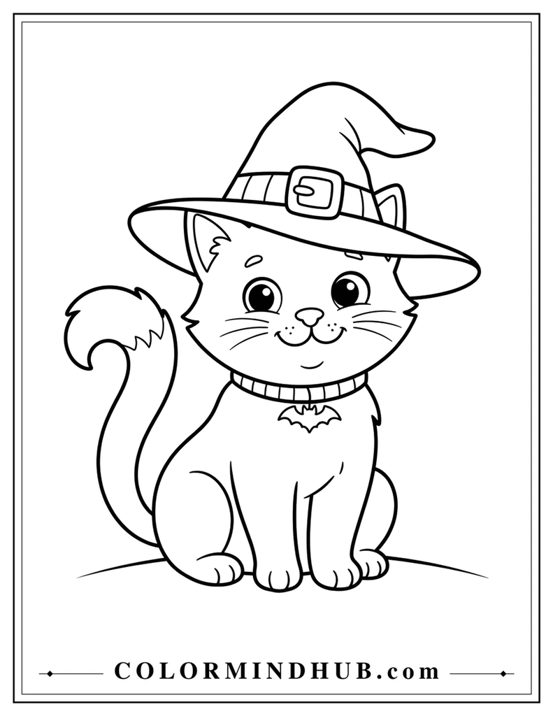 Halloween coloring page featuring a sitting cat wearing a witch hat and cape