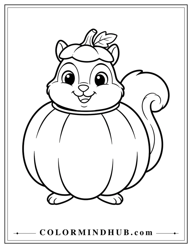 Halloween coloring page featuring a squirrel peeking out from inside a pumpkin