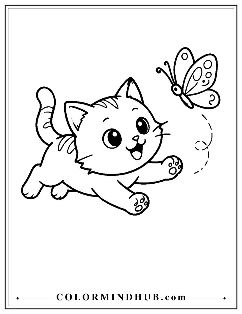 Cute playful cat chasing a butterfly coloring page