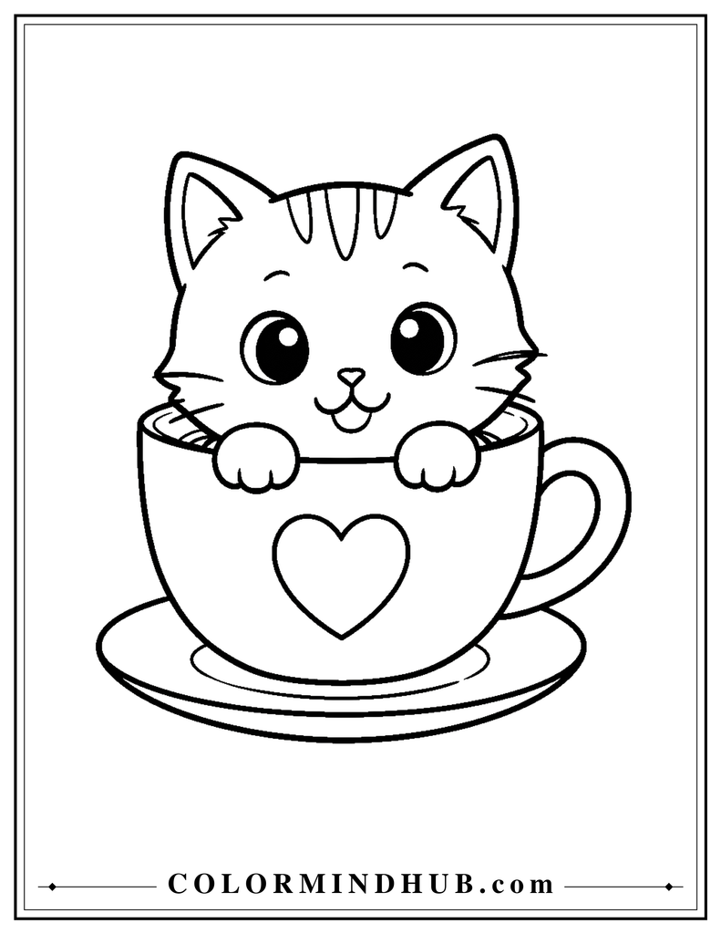 Cute kitten sitting inside a heart cup coloring page