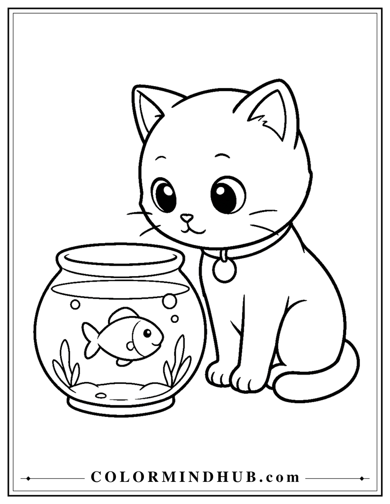 Cute cat sitting beside a fish bowl coloring page