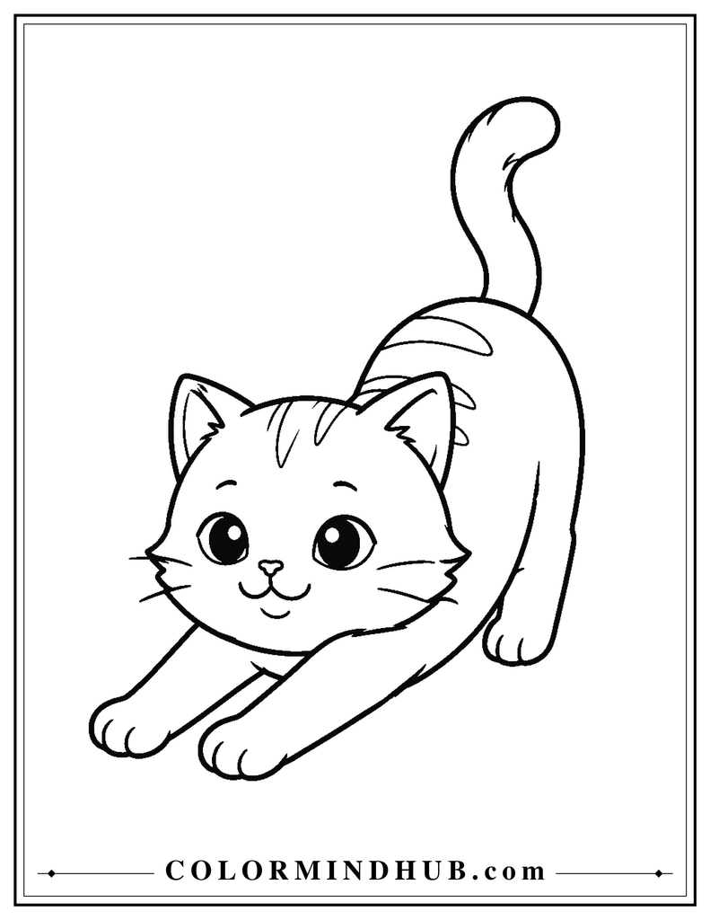 Cute cat stretching with a happy expression coloring page
