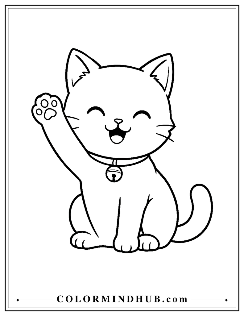 Happy cute cat waving its paw coloring page for kids